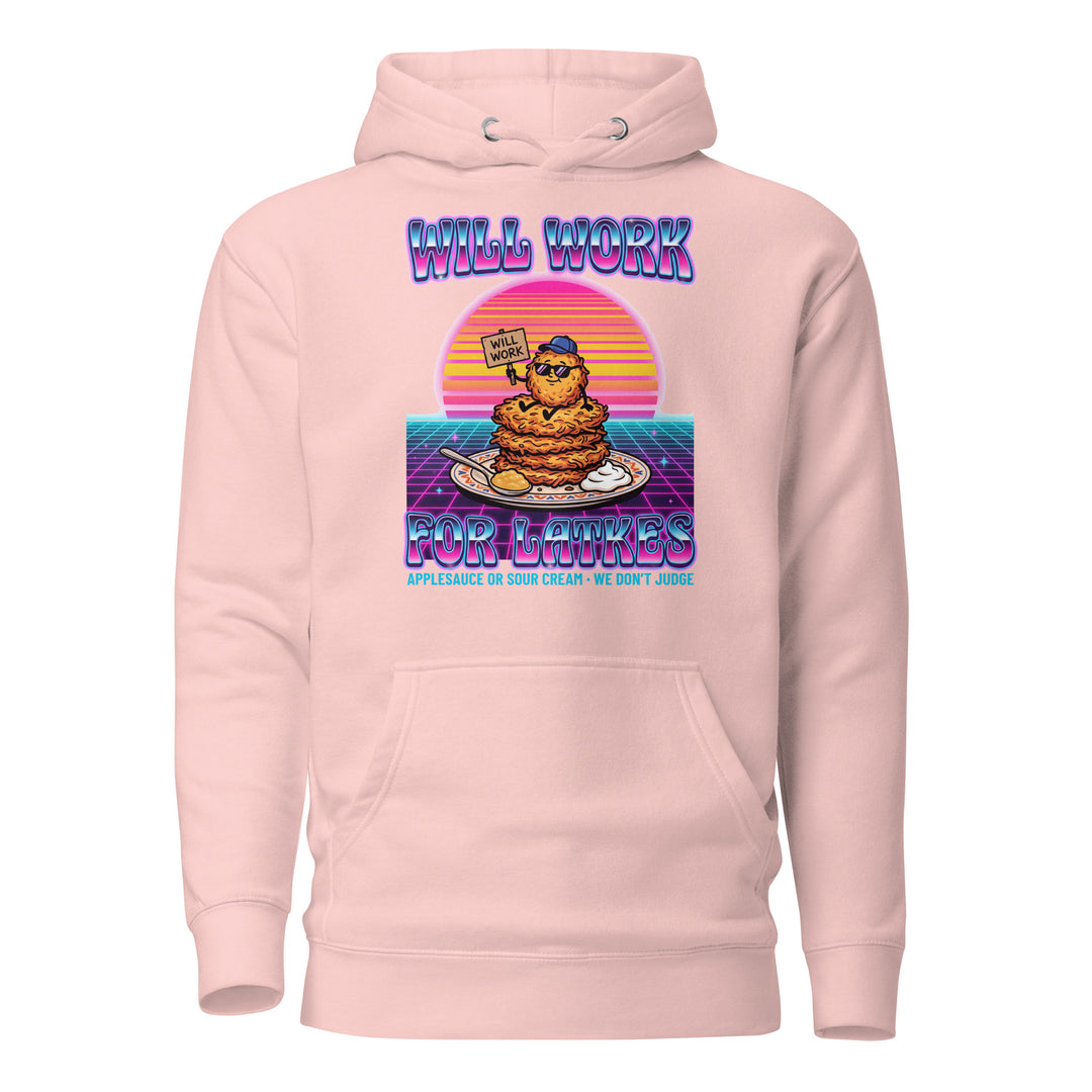 Will Work for Latkes 80s Jewish pride hoodie in Light Pink - close-up