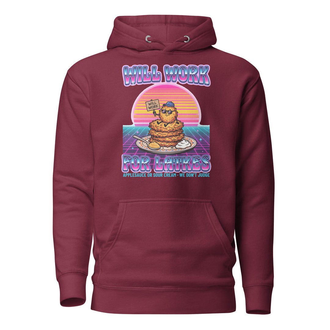 Will Work for Latkes 80s Jewish pride hoodie in Maroon - back view