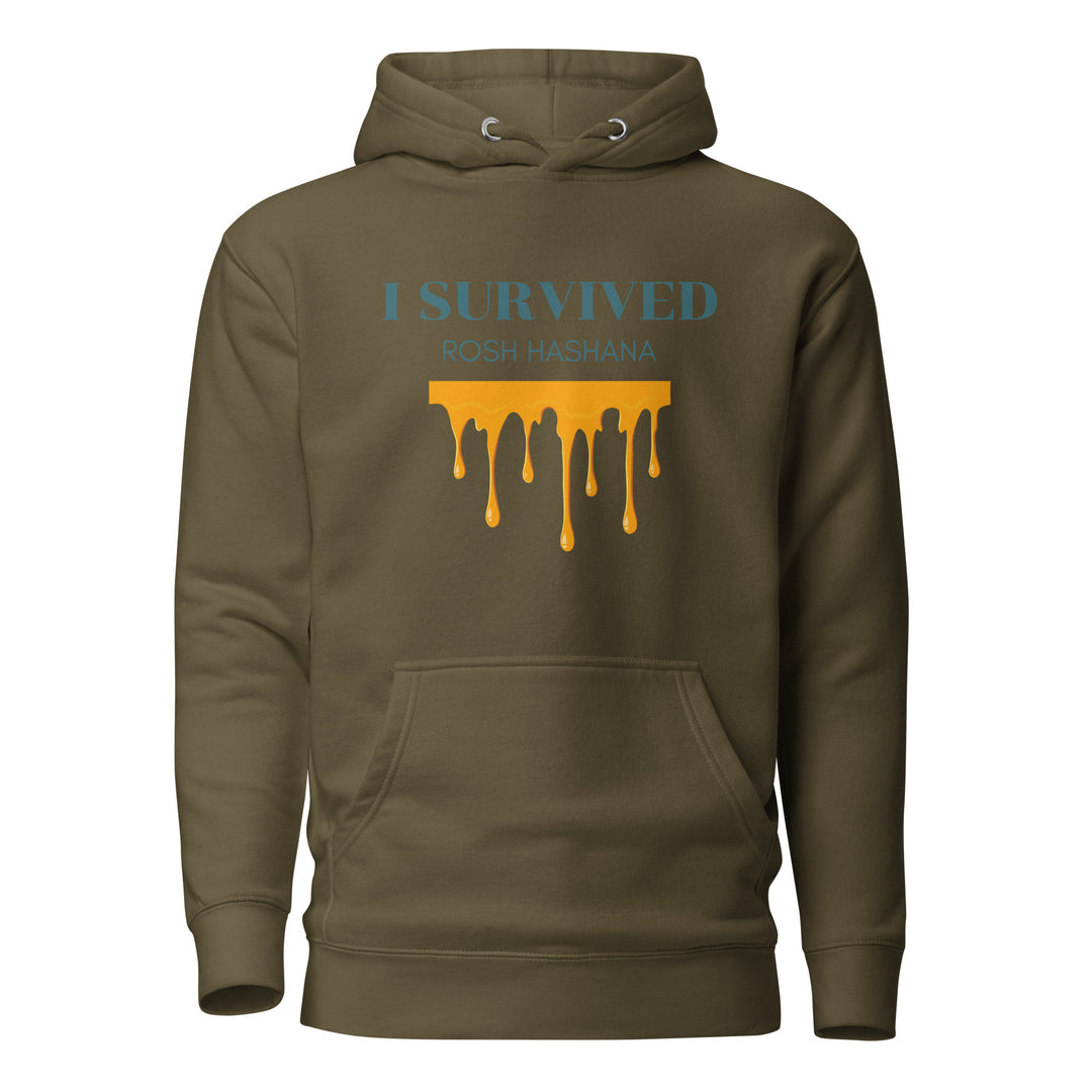 I Survived Rosh HaShana Jewish pride hoodie in Military Green - detail view