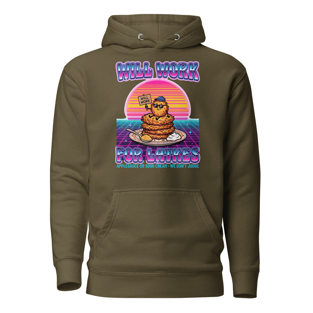 Will Work for Latkes 80s Jewish pride hoodie in Military Green - lifestyle shot