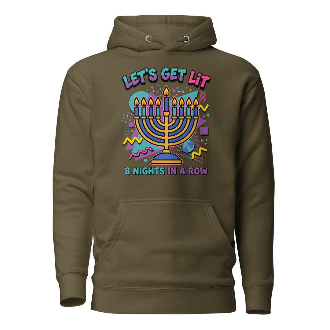 Lets Get Lit 90s Jewish pride hoodie in Military Green - close-up