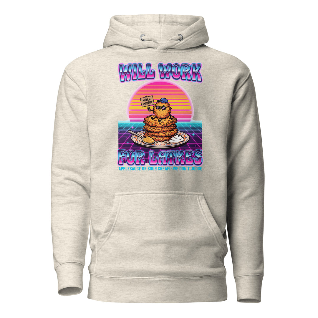 Will Work for Latkes 80s Jewish pride hoodie in Oatmeal Heather - side view