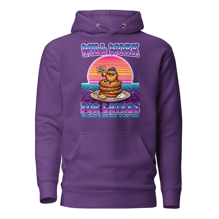 Will Work for Latkes 80s Jewish pride hoodie in Purple - close-up