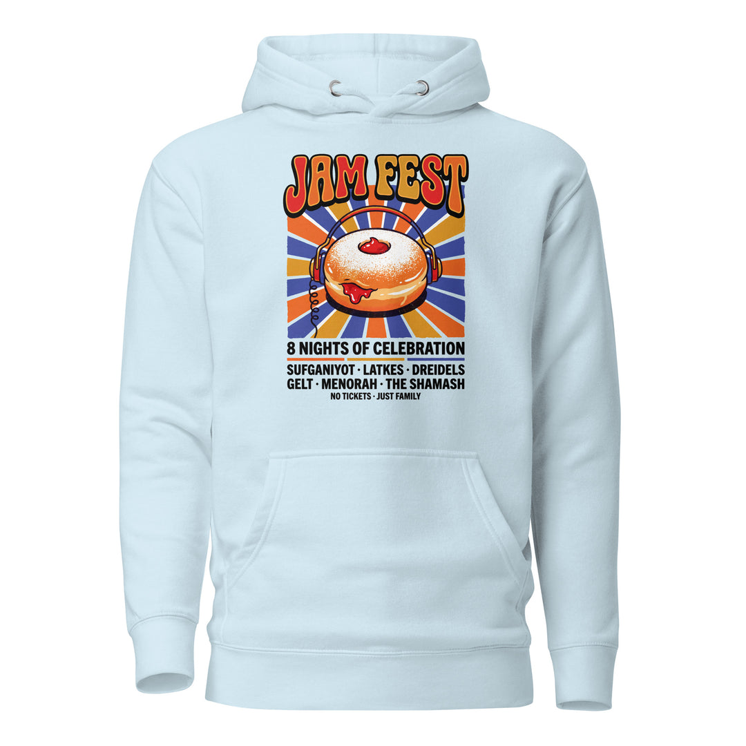 Jam Fest 8 Nights Jewish pride hoodie in Sky Blue - close-up