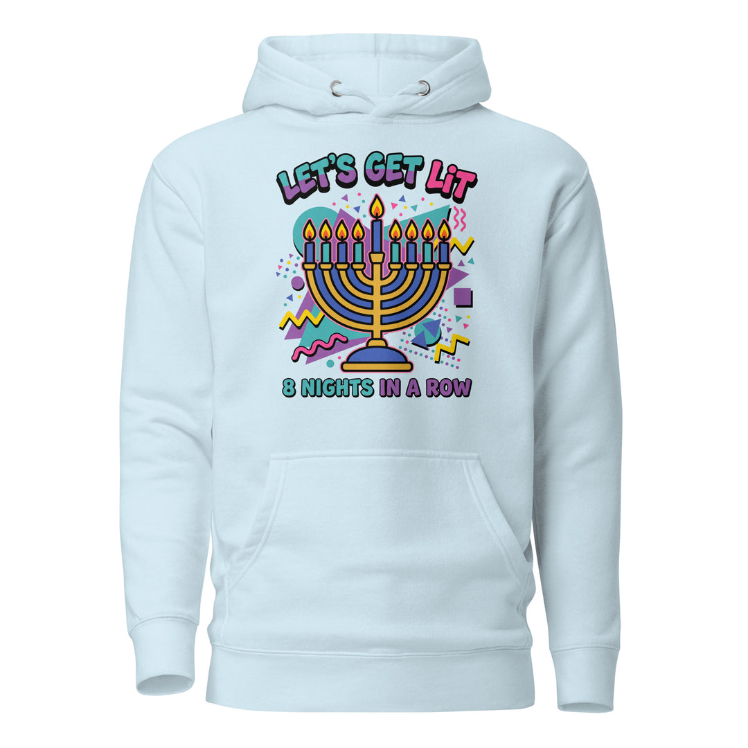 Lets Get Lit 90s Jewish pride hoodie in Sky Blue - lifestyle shot