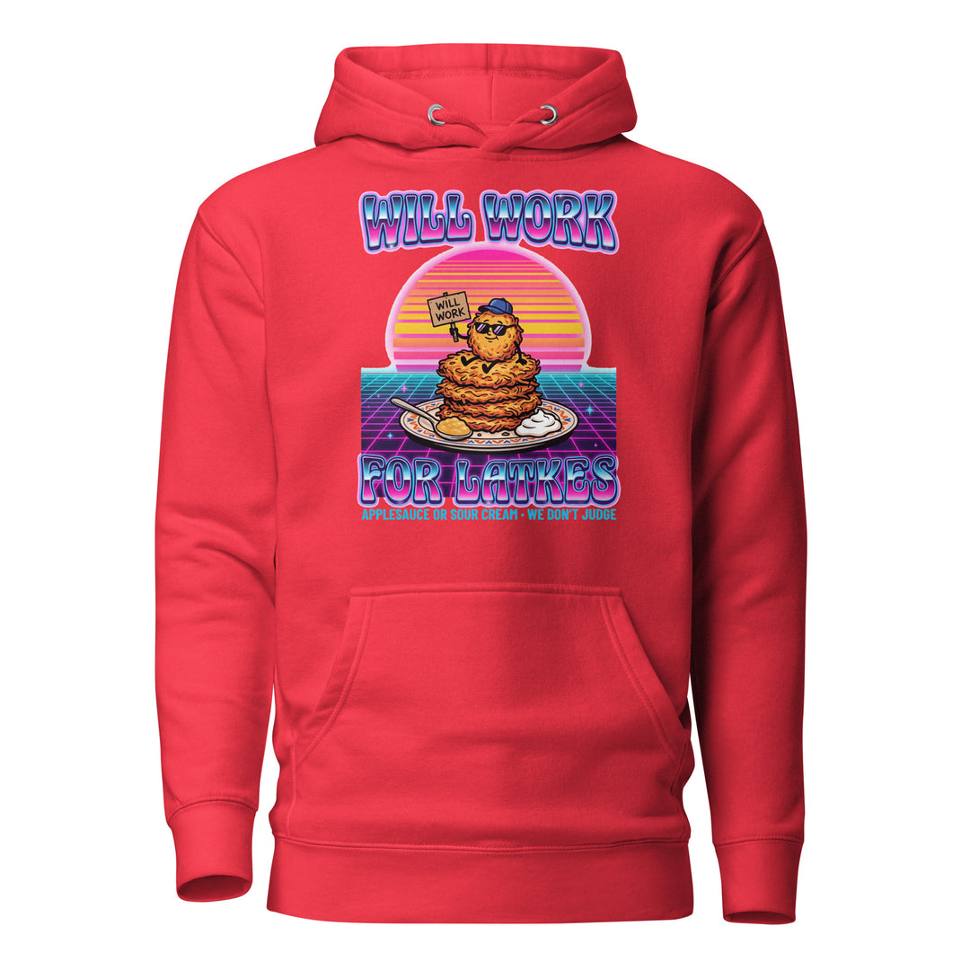 Will Work for Latkes 80s Jewish pride hoodie in Team Red - side view