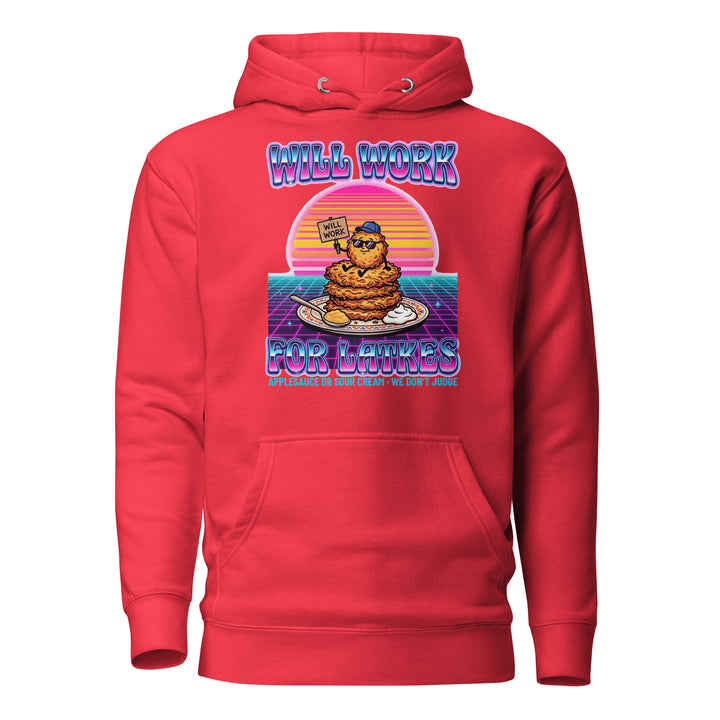 Will Work for Latkes 80s Jewish pride hoodie in Team Red - side view