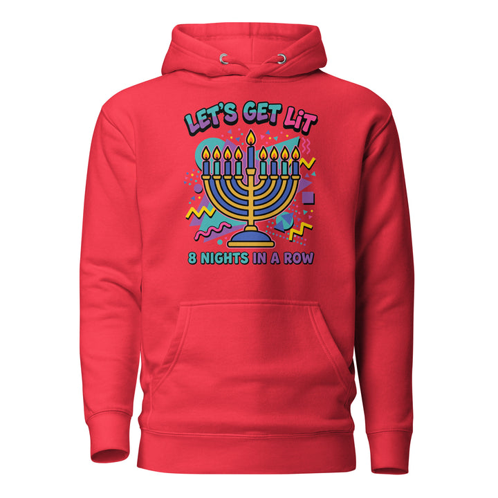 Lets Get Lit 90s Jewish pride hoodie in Team Red - flat lay