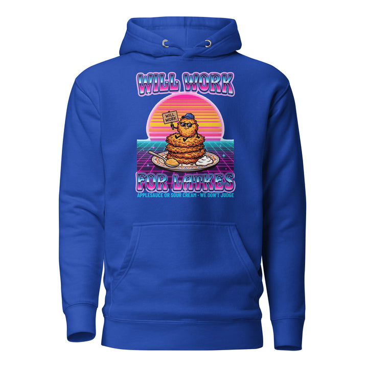 Will Work for Latkes 80s Jewish pride hoodie in Team Royal - detail view