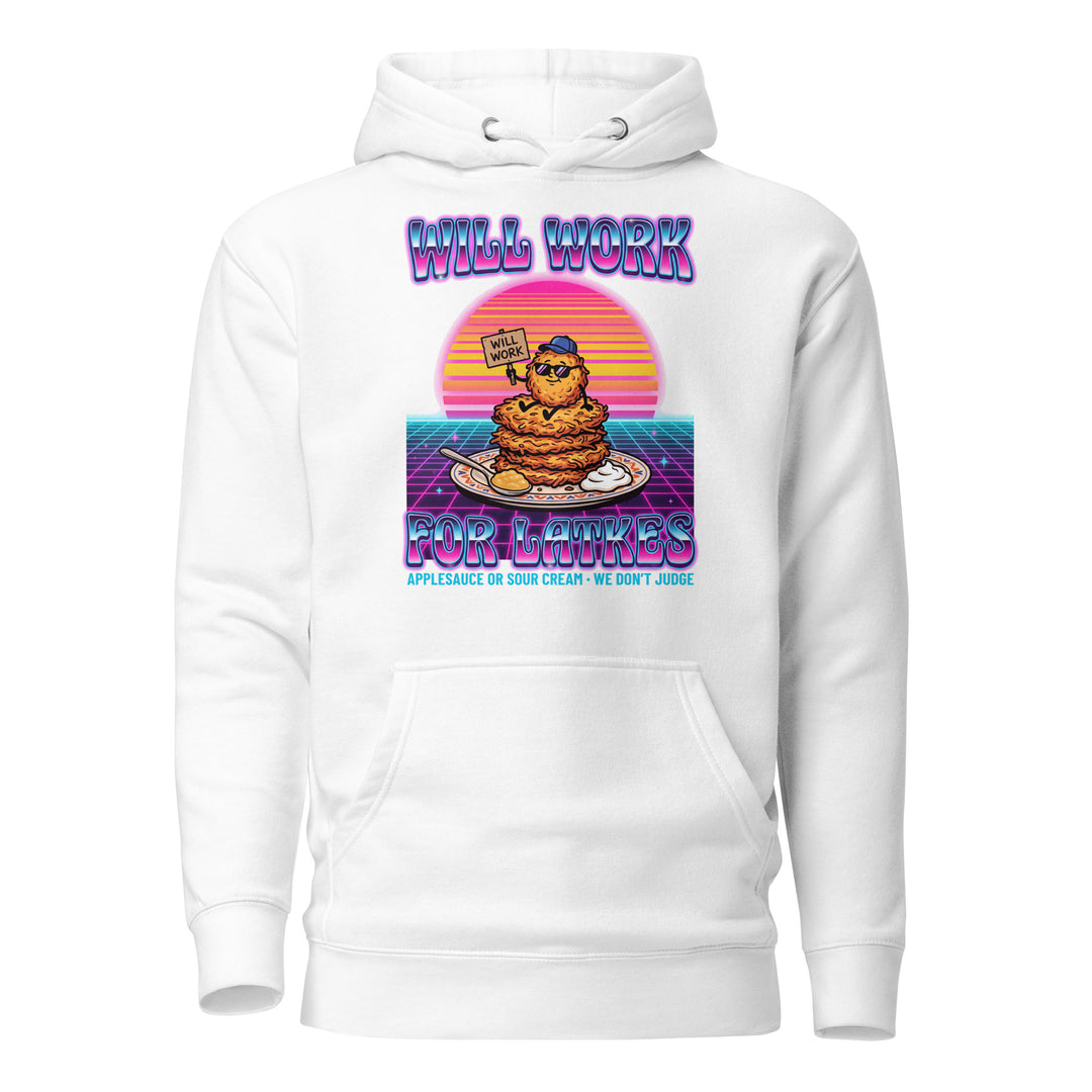 Will Work for Latkes 80s Jewish pride hoodie in White - folded view