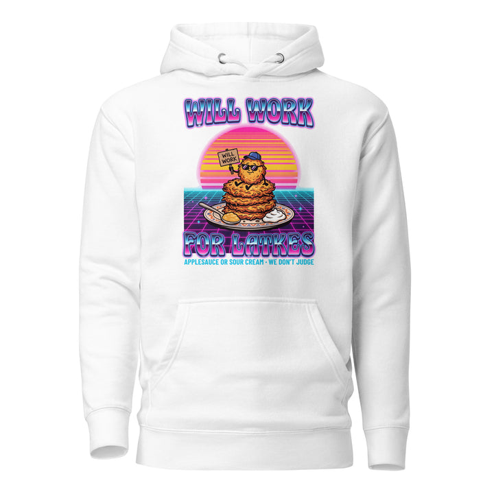 Will Work for Latkes 80s Jewish pride hoodie in White - folded view