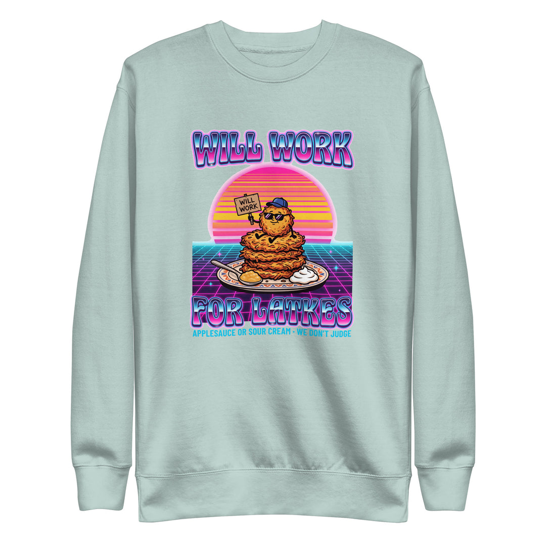 Will Work for Latkes 80s Jewish pride sweatshirt in Agave - detail view