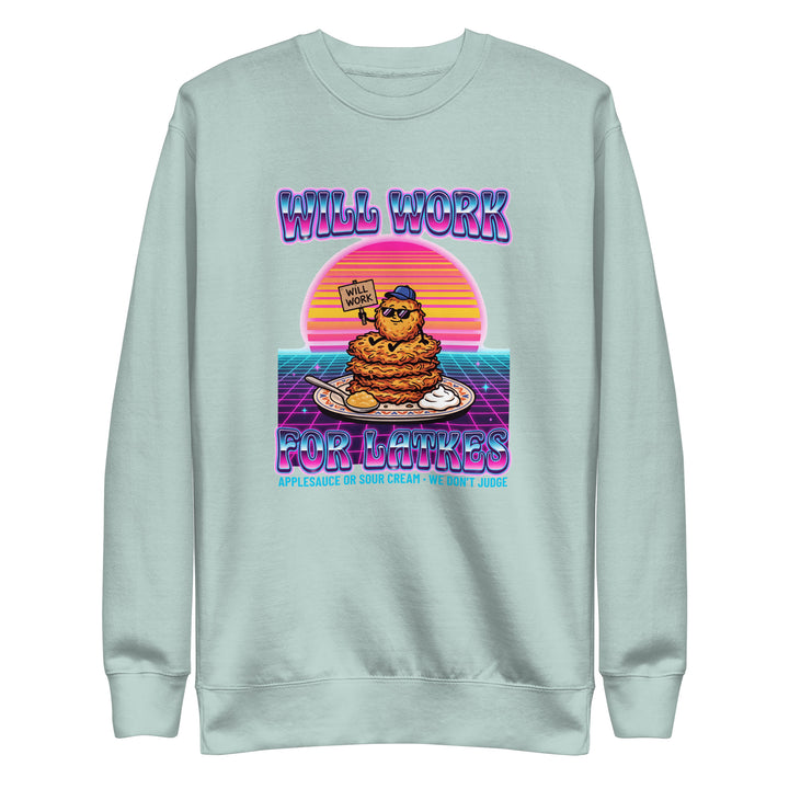 Will Work for Latkes 80s Jewish pride sweatshirt in Agave - detail view
