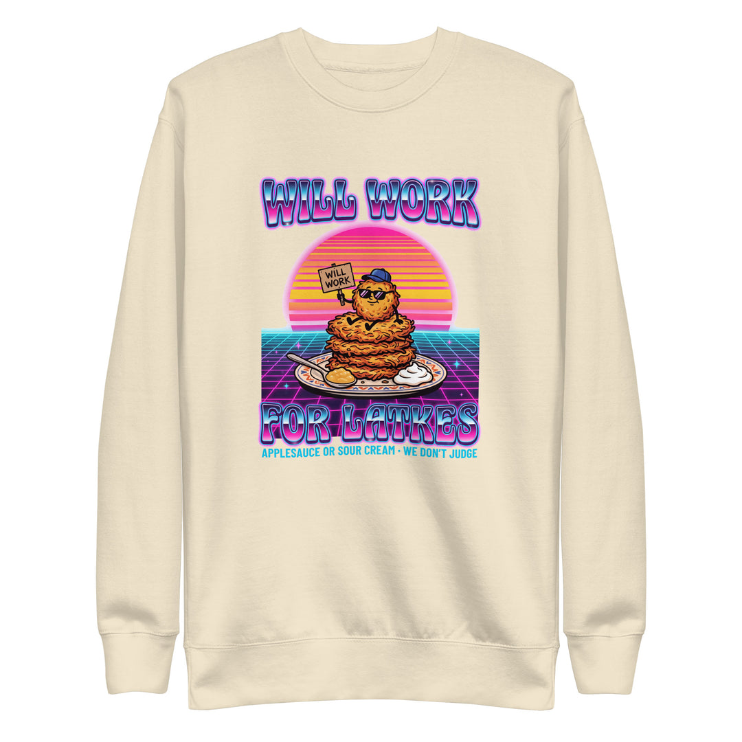 Will Work for Latkes 80s Jewish pride sweatshirt in Bone - lifestyle shot