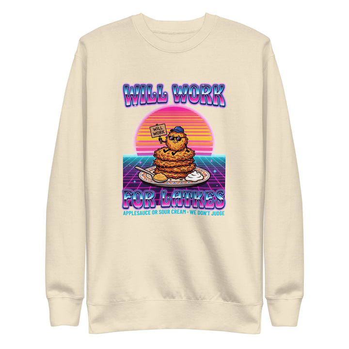 Will Work for Latkes 80s Jewish pride sweatshirt in Bone - lifestyle shot