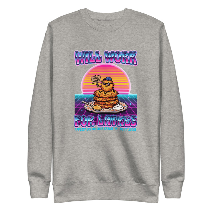 Will Work for Latkes 80s Jewish pride sweatshirt in Carbon Grey - back view