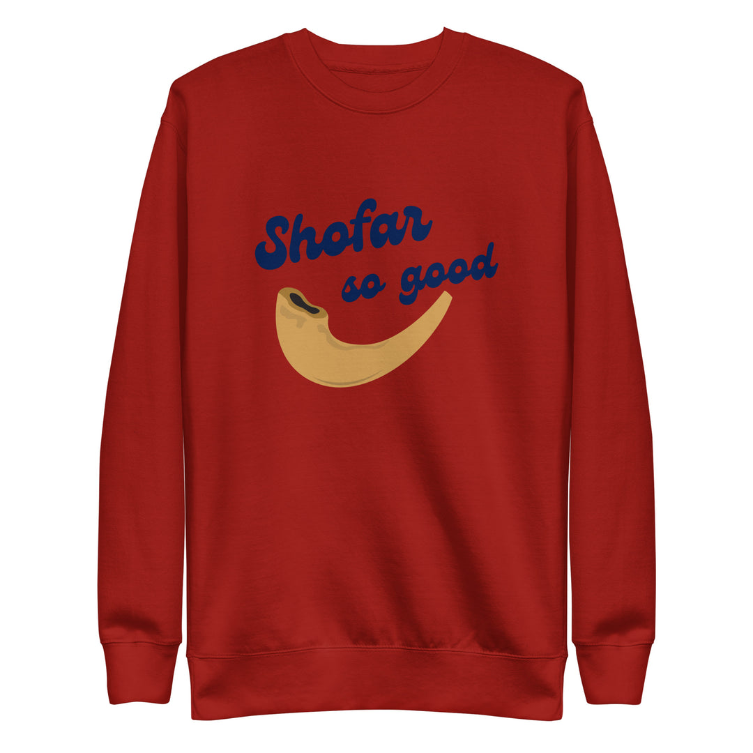 Shofar So Good Jewish pride sweatshirt in Cardinal - detail view