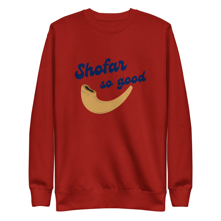 Shofar So Good Jewish pride sweatshirt in Cardinal - detail view