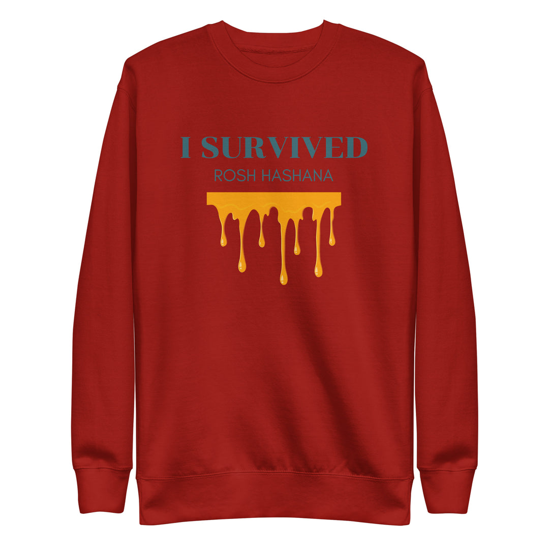 I Survived Rosh HaShana Jewish pride sweatshirt in Cardinal - detail view