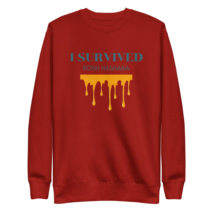 I Survived Rosh HaShana Jewish pride sweatshirt in Cardinal - detail view