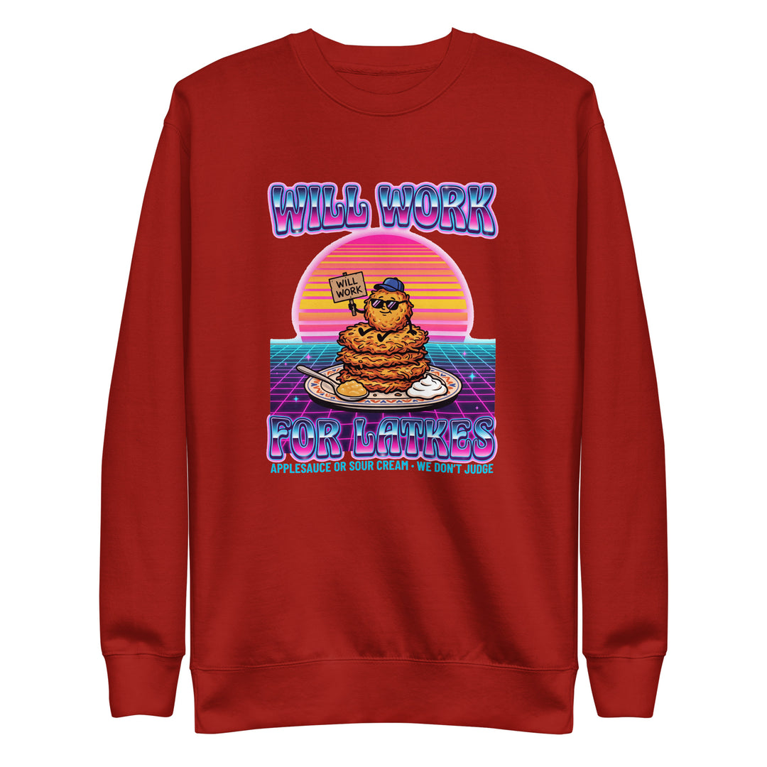 Will Work for Latkes 80s Jewish pride sweatshirt in Cardinal - detail view