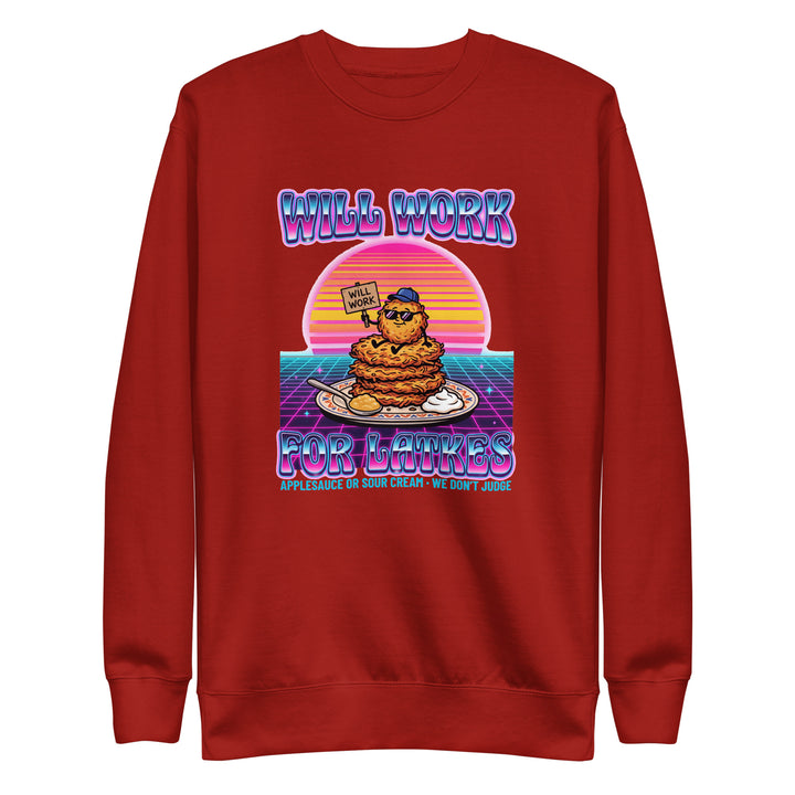 Will Work for Latkes 80s Jewish pride sweatshirt in Cardinal - detail view