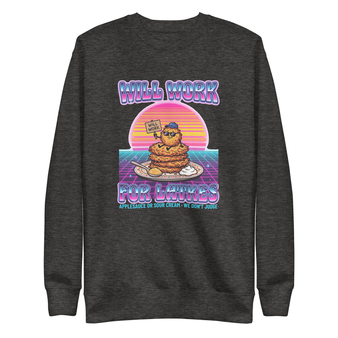 Will Work for Latkes 80s Jewish pride sweatshirt in Charcoal Heather - close-up