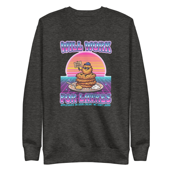 Will Work for Latkes 80s Jewish pride sweatshirt in Charcoal Heather - close-up