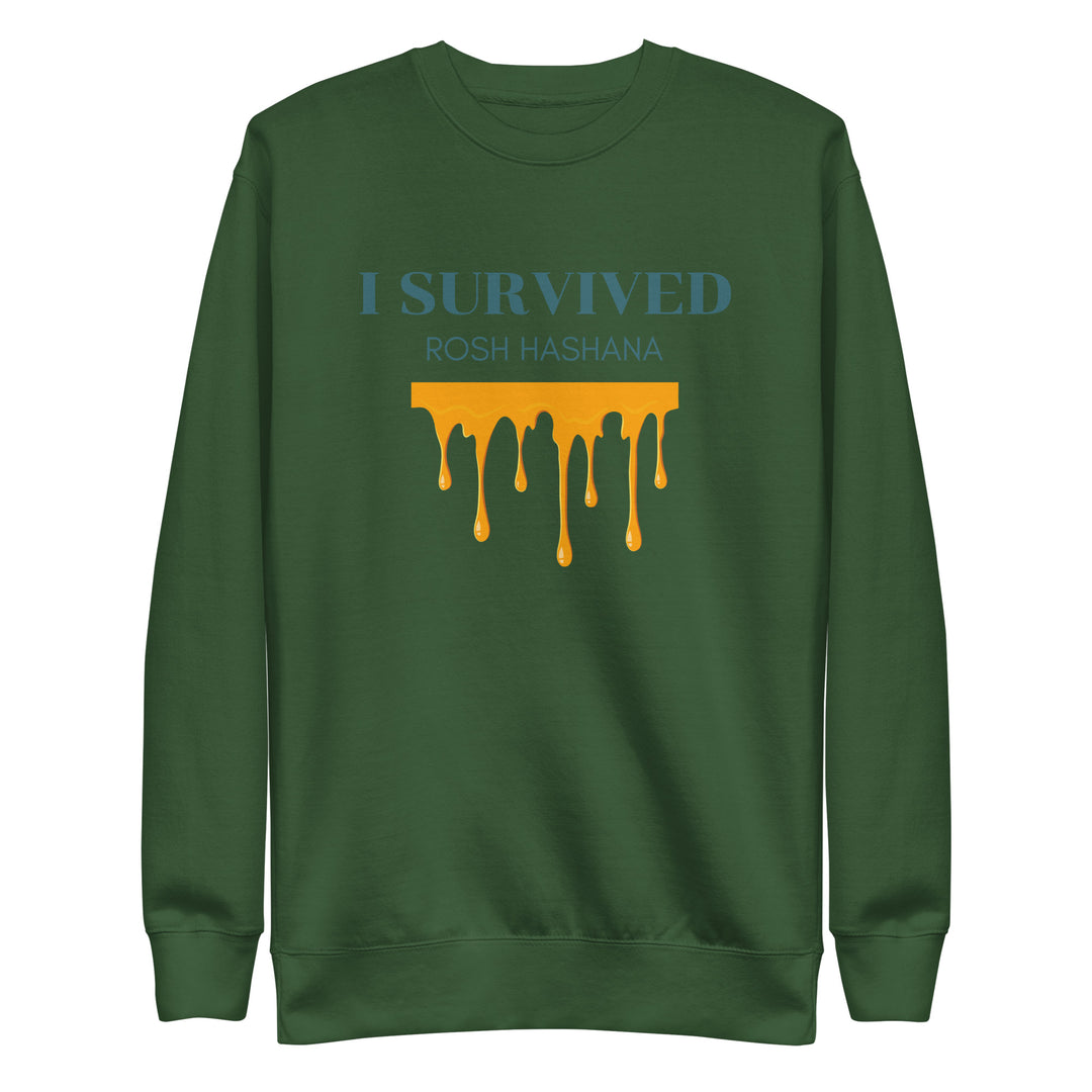 I Survived Rosh HaShana Jewish pride sweatshirt in Forest Green - close-up