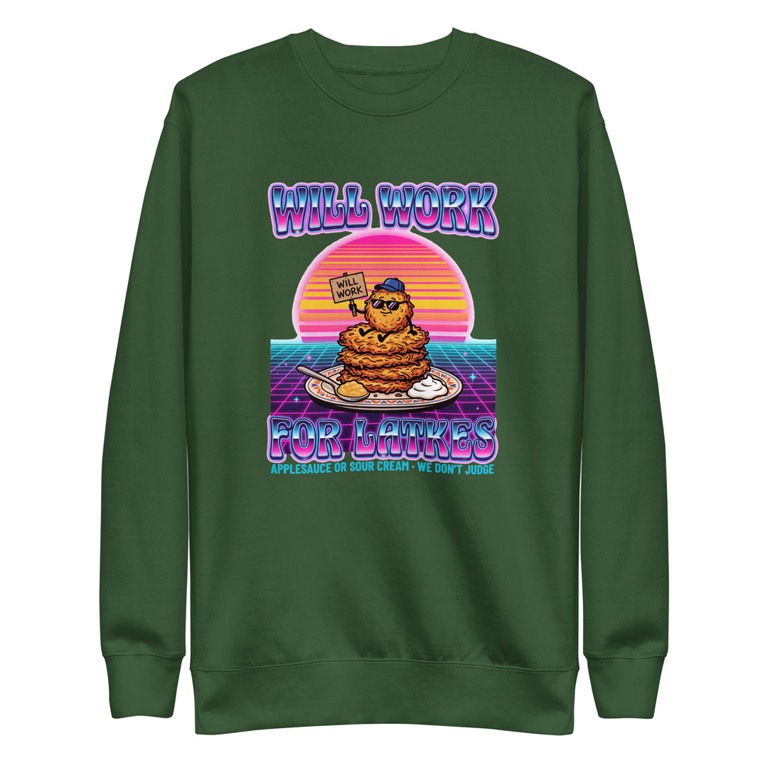 Will Work for Latkes 80s Jewish pride sweatshirt in Forest Green - lifestyle shot