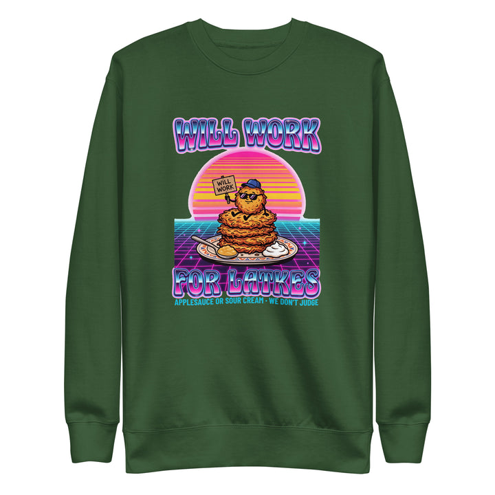 Will Work for Latkes 80s Jewish pride sweatshirt in Forest Green - lifestyle shot