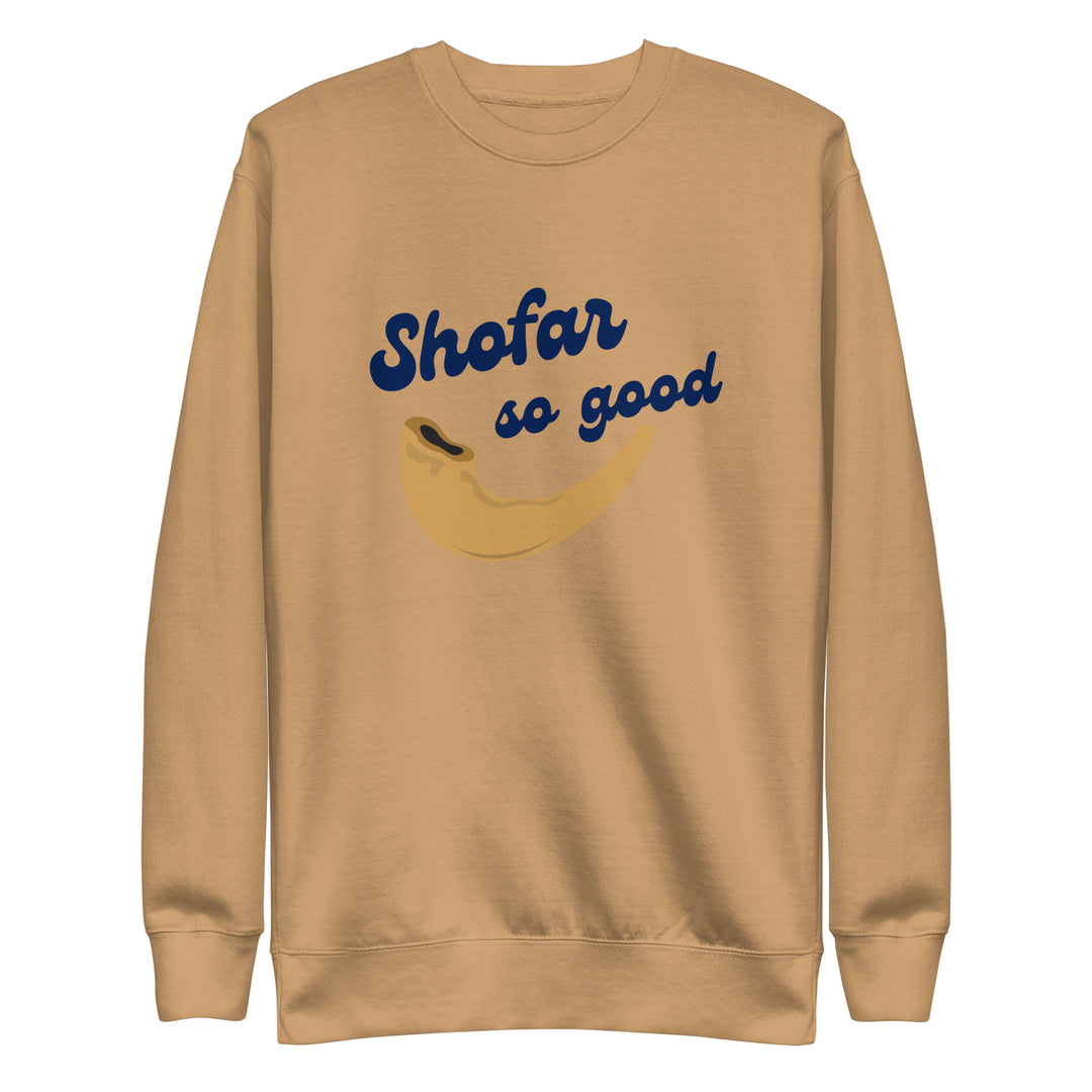 Shofar So Good Jewish pride sweatshirt in Khaki - side view