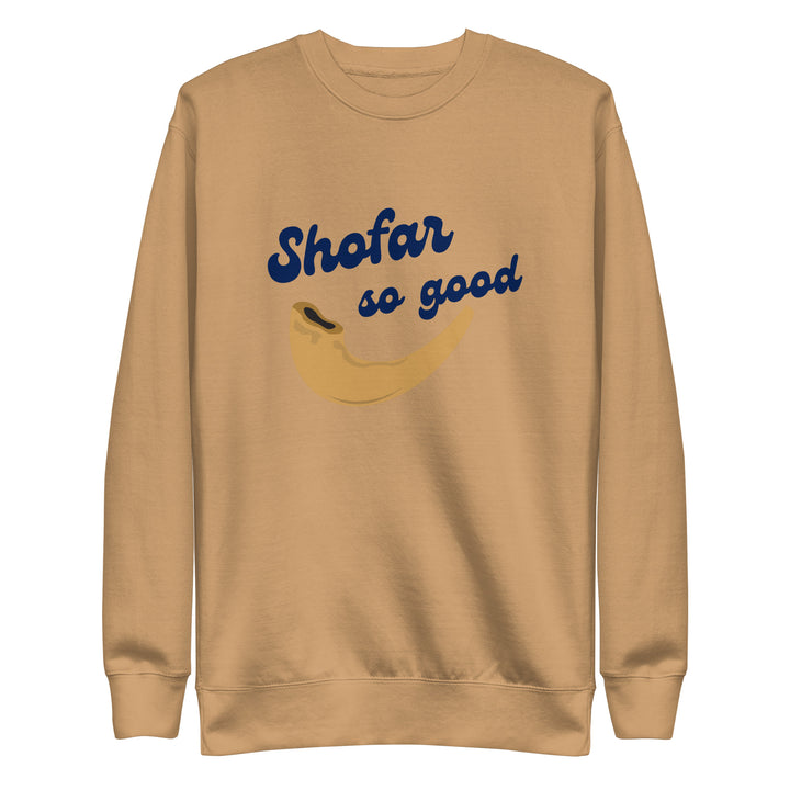 Shofar So Good Jewish pride sweatshirt in Khaki - side view