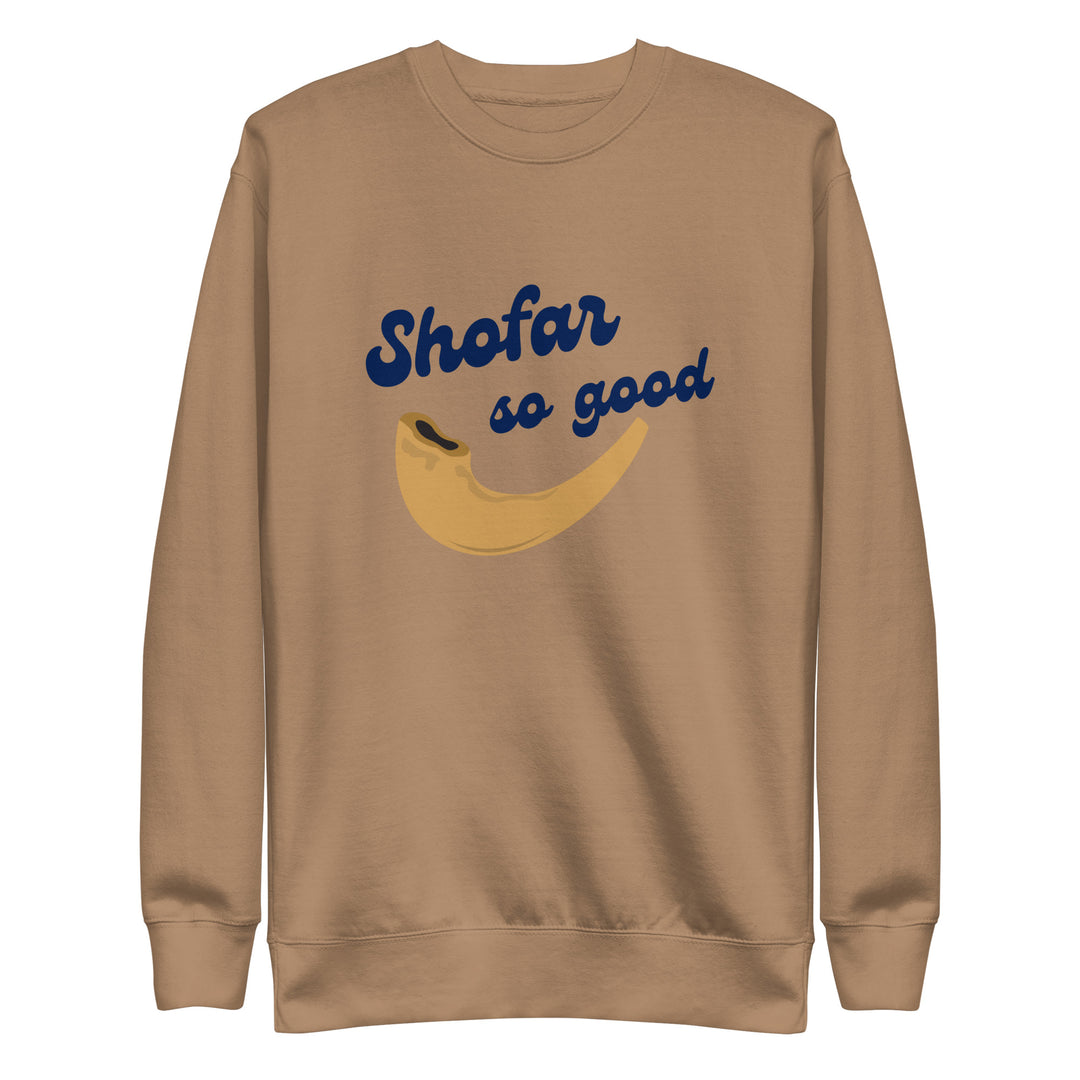 Shofar So Good Jewish pride sweatshirt in Latte - lifestyle shot