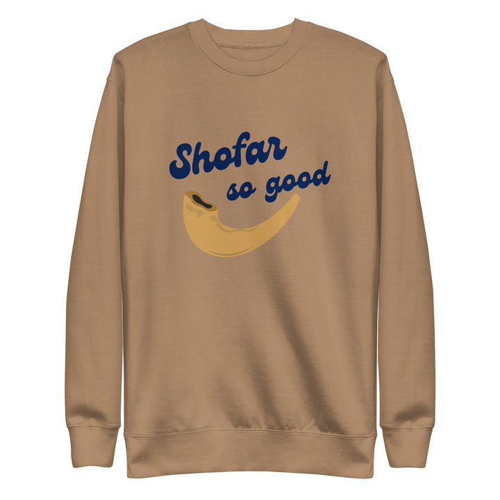 Shofar So Good Jewish pride sweatshirt in Latte - lifestyle shot