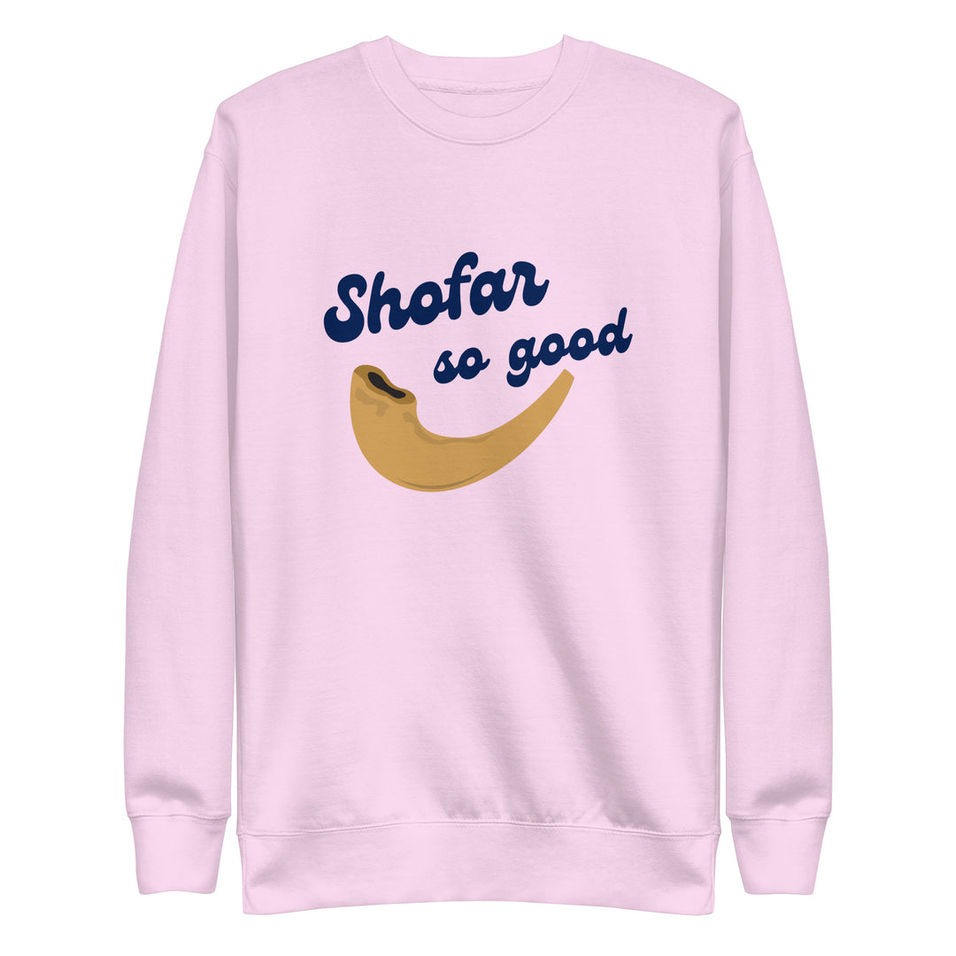Shofar So Good Jewish pride sweatshirt in Lavender - detail view