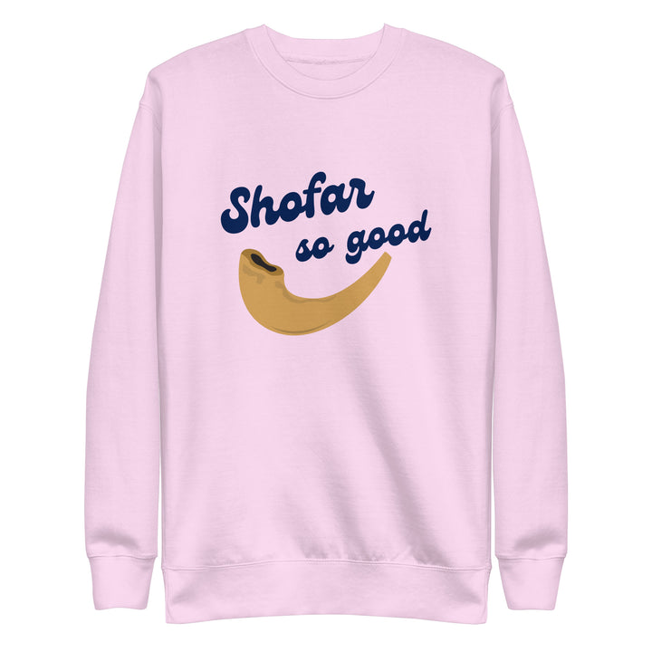 Shofar So Good Jewish pride sweatshirt in Lavender - detail view