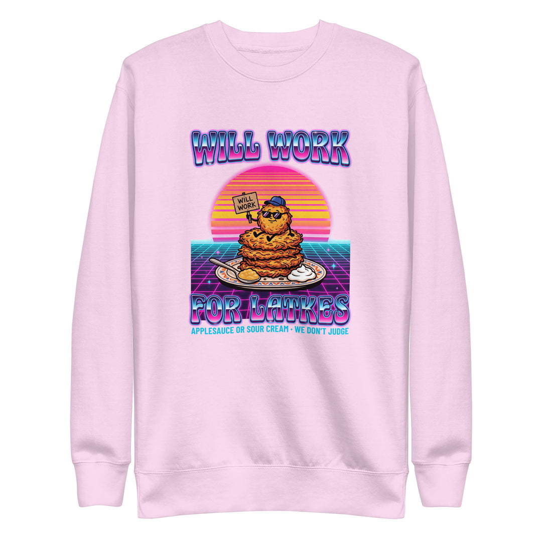 Will Work for Latkes 80s Jewish pride sweatshirt in Lavender - flat lay