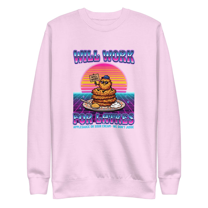 Will Work for Latkes 80s Jewish pride sweatshirt in Lavender - flat lay