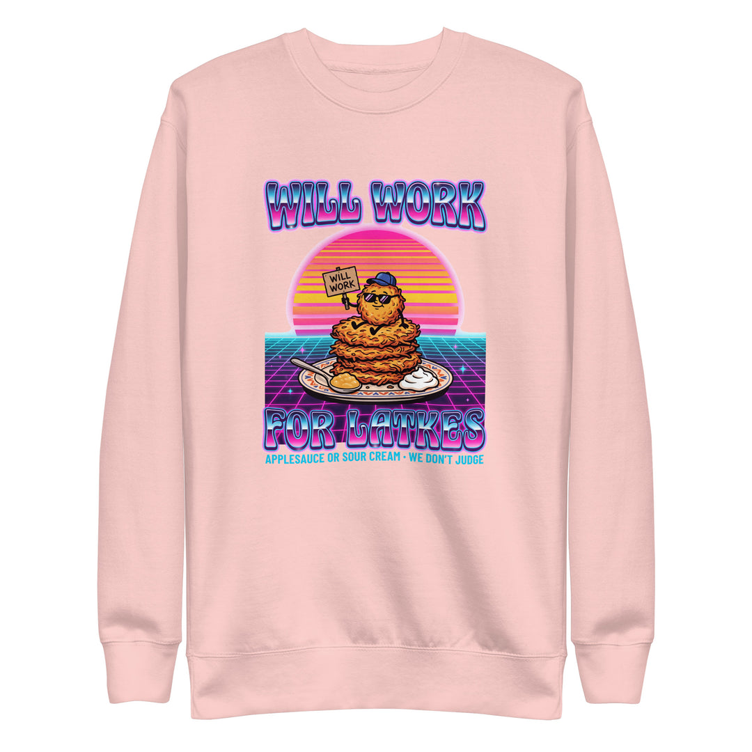 Will Work for Latkes 80s Jewish pride sweatshirt in Light Pink - close-up