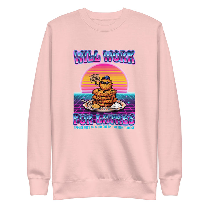 Will Work for Latkes 80s Jewish pride sweatshirt in Light Pink - close-up