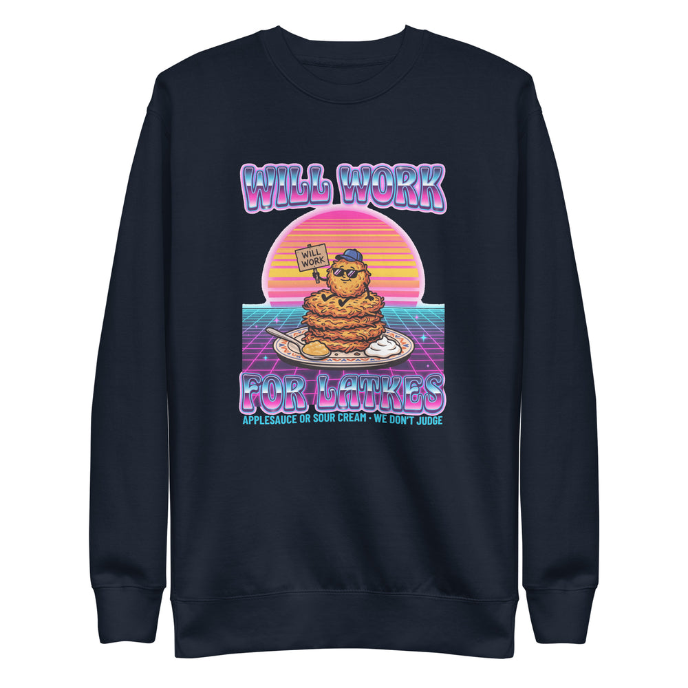 Will Work for Latkes 80s Jewish pride sweatshirt in Navy Blazer - back view