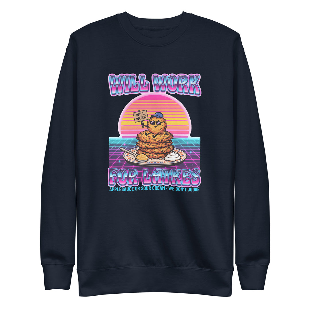 Will Work for Latkes 80s Jewish pride sweatshirt in Navy Blazer - back view