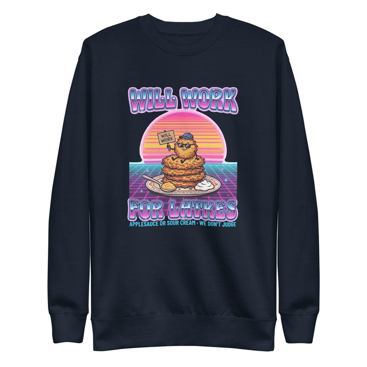Will Work for Latkes 80s Jewish pride sweatshirt in Navy Blazer - back view