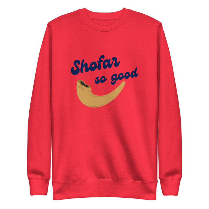 Shofar So Good Jewish pride sweatshirt in Team Red - flat lay