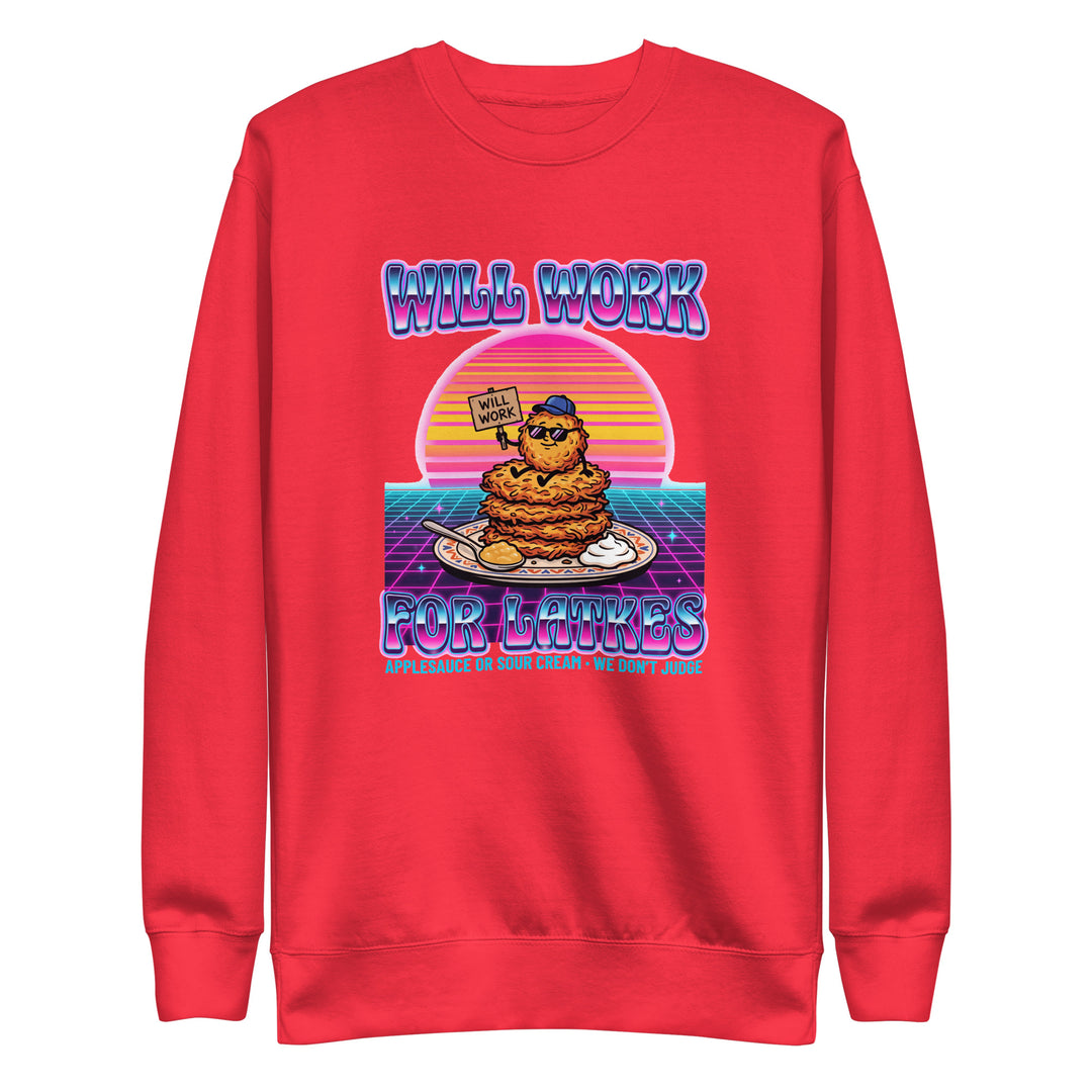 Will Work for Latkes 80s Jewish pride sweatshirt in Team Red - side view