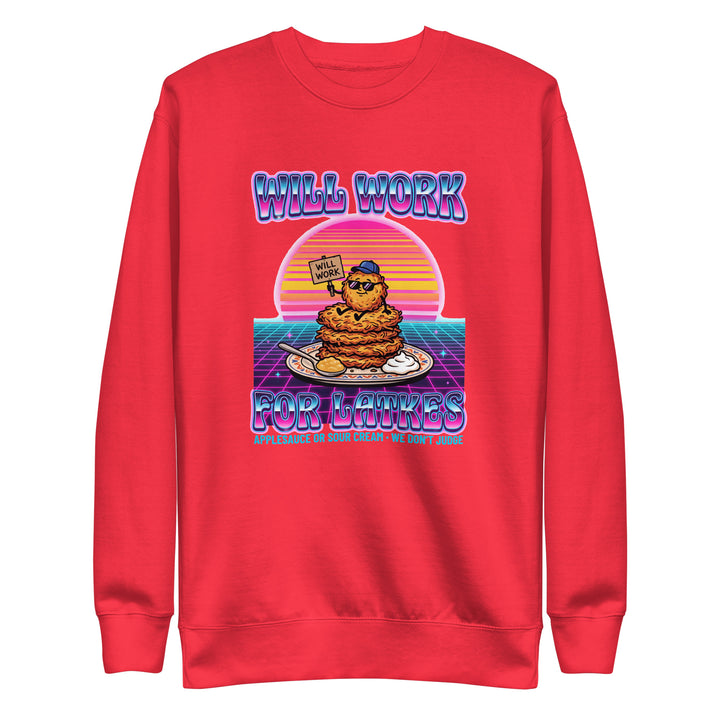 Will Work for Latkes 80s Jewish pride sweatshirt in Team Red - side view
