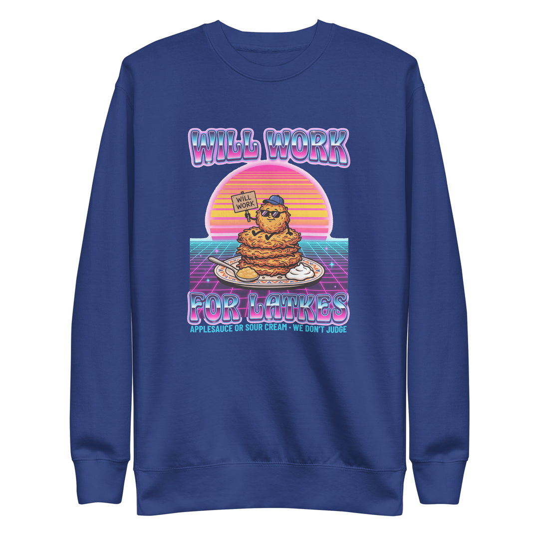 Will Work for Latkes 80s Jewish pride sweatshirt in Team Royal - flat lay