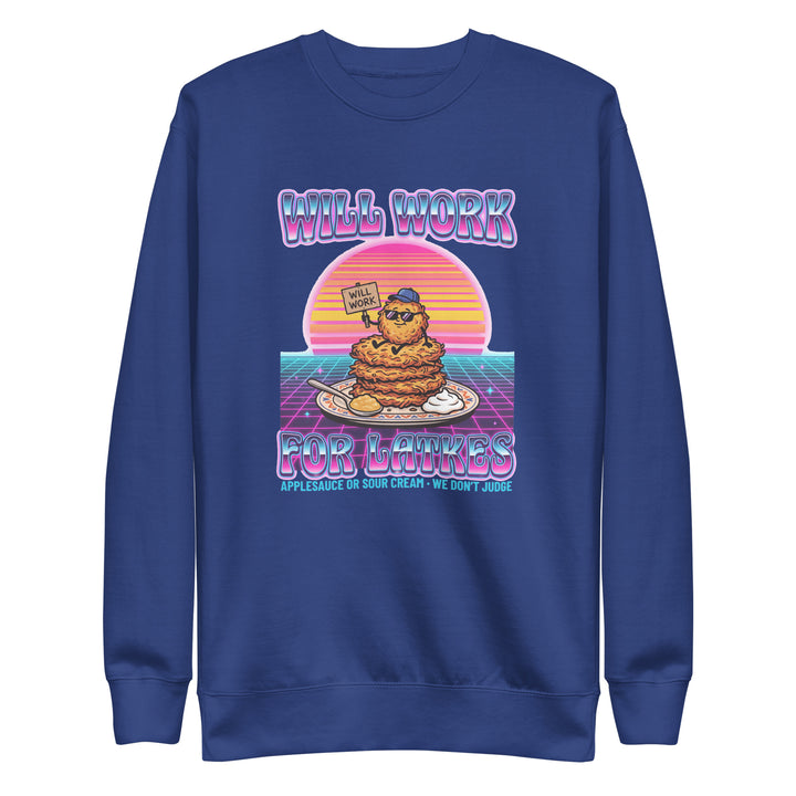 Will Work for Latkes 80s Jewish pride sweatshirt in Team Royal - flat lay