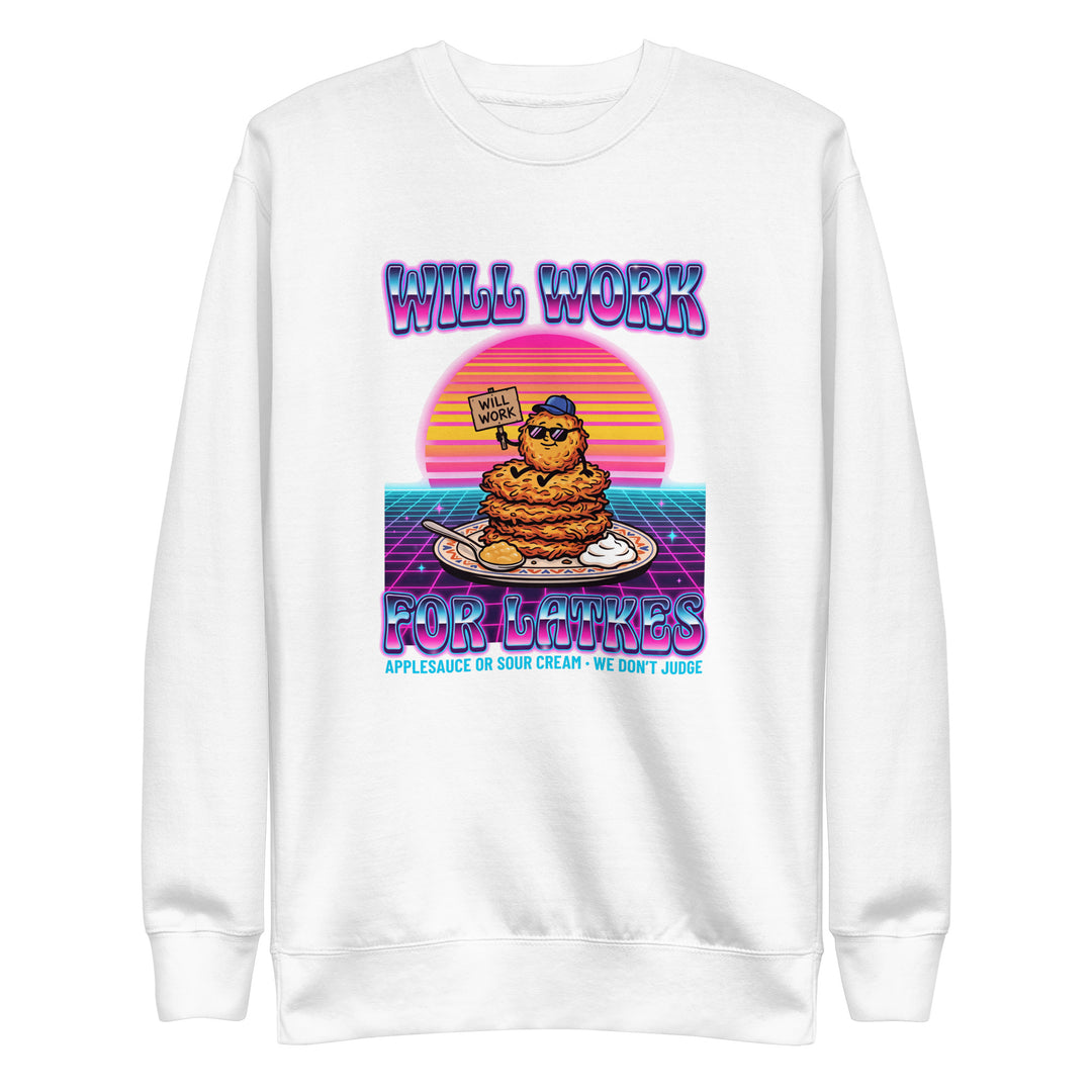 Will Work for Latkes 80s Jewish pride sweatshirt in White - side view
